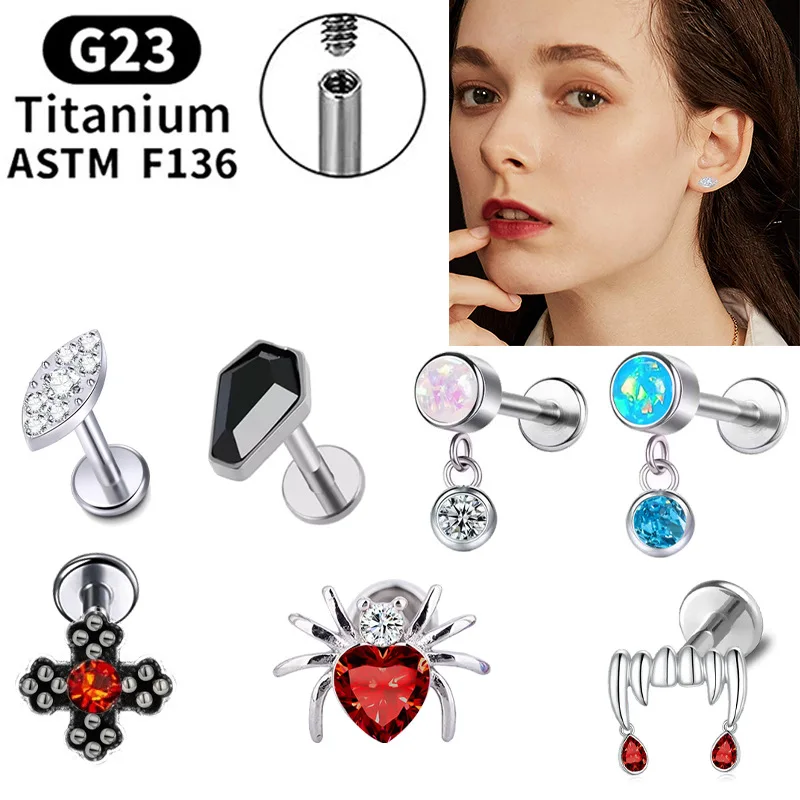 G23 Titanium Lip Stud Earrings Spider Horse Eye Zircon Ear Cartilage Earring Lip Studs Lip Ring F136 Piercing Jewelry 16G 8mm