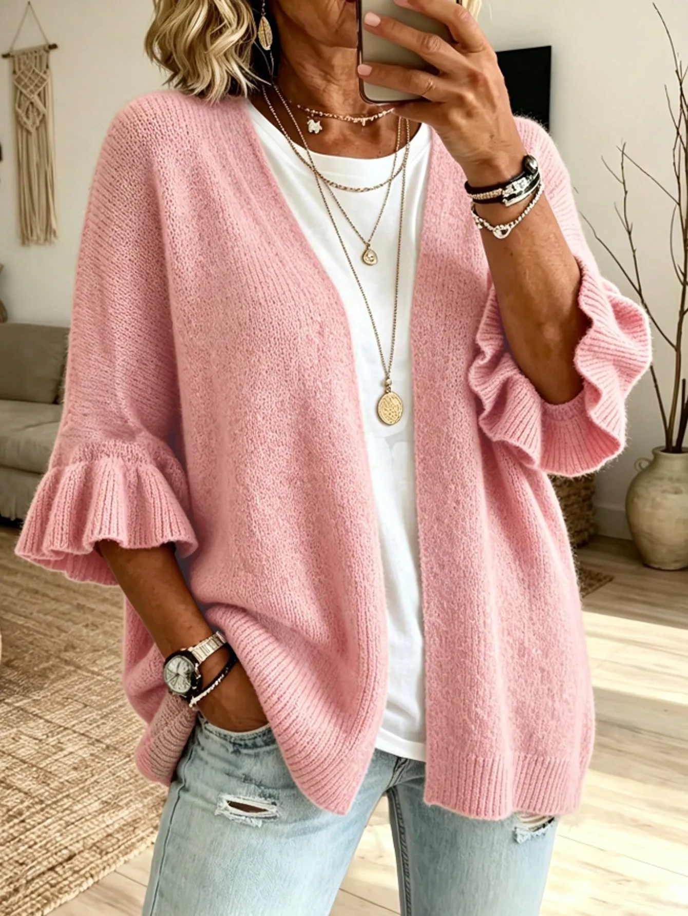 Large Size Autumn Winter New Item Solid Color Seven Sleeve Knitted Cardigan Jacket Loose Casual Sweater For Women Fashion Tops