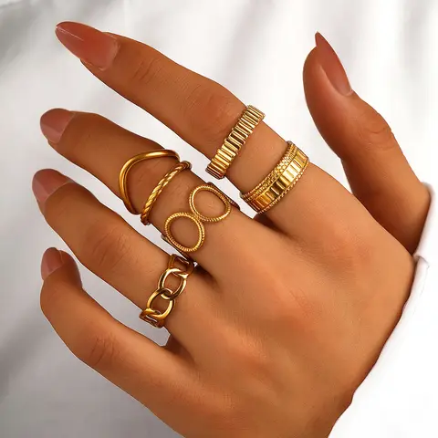 DGIDDK Stainless Steel Geometric Open-Style Adjustable Ring Set Unisex Design Asymmetrical Fashion Minimalist Finger Jewellery