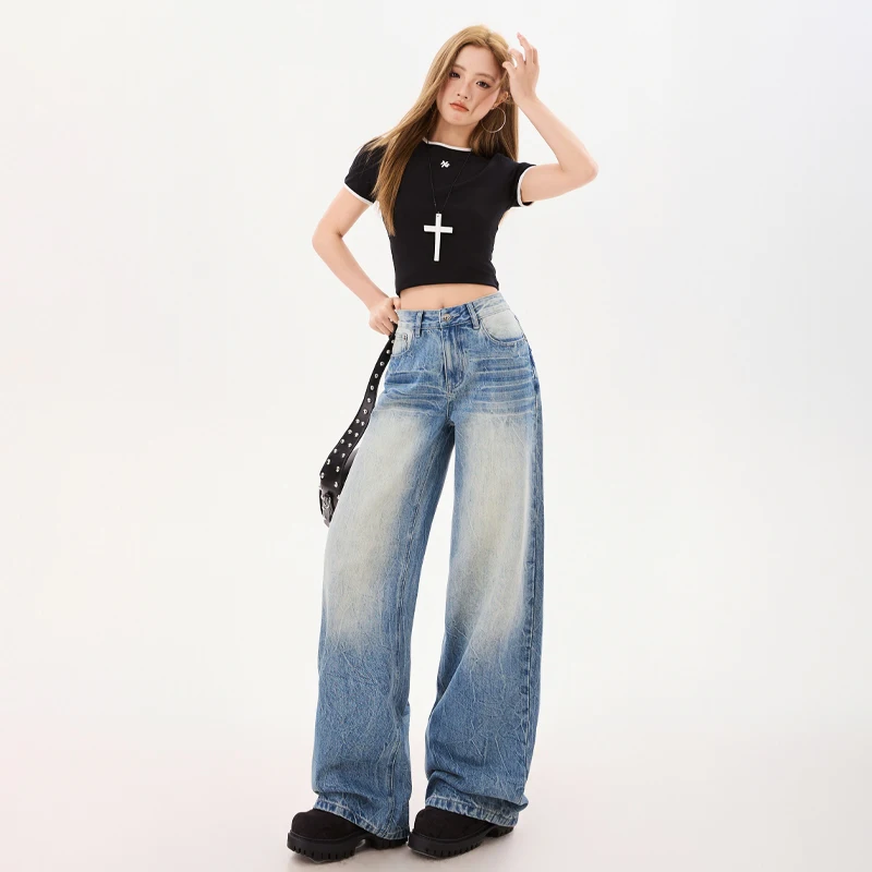 New Spring Arrival American High Street Sweet Cool Baggy Wide Leg Jeans for Women