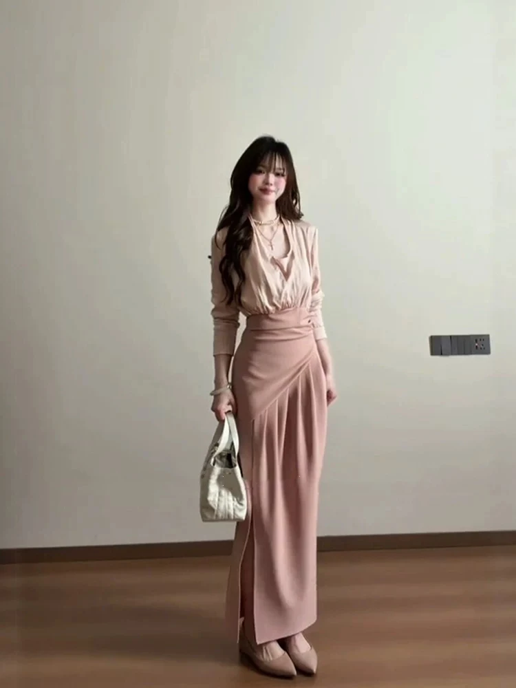 

XZY Commuter Long Sleeve Midi Dress Women's plus Size Summer Elegant Asymmetrical V-neck Dress French Style Slimming Fit