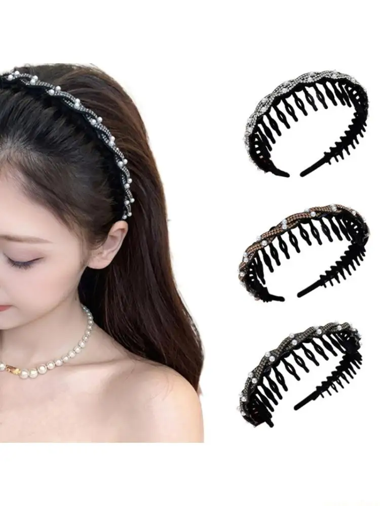 

31BF 3Pcs/set Pearls Rhinestones Hairbands Nonslip Teeth High Cranium Comfortable
