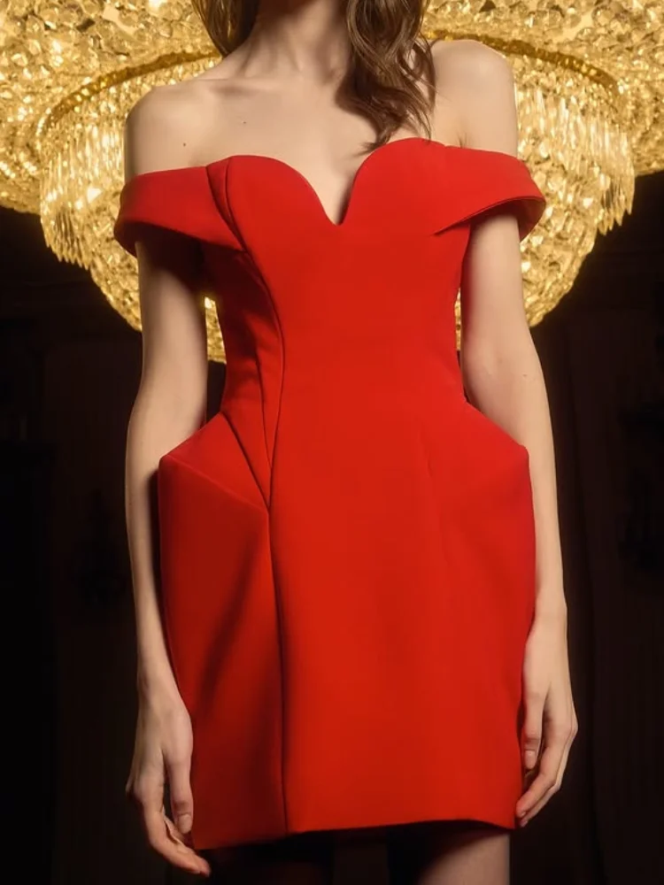 Sexy Solid Color Off-shoulder V-neck Strapless Mini Dress Women Slim Waist Cinching Backless Gown Lady Party Evening Short Gown