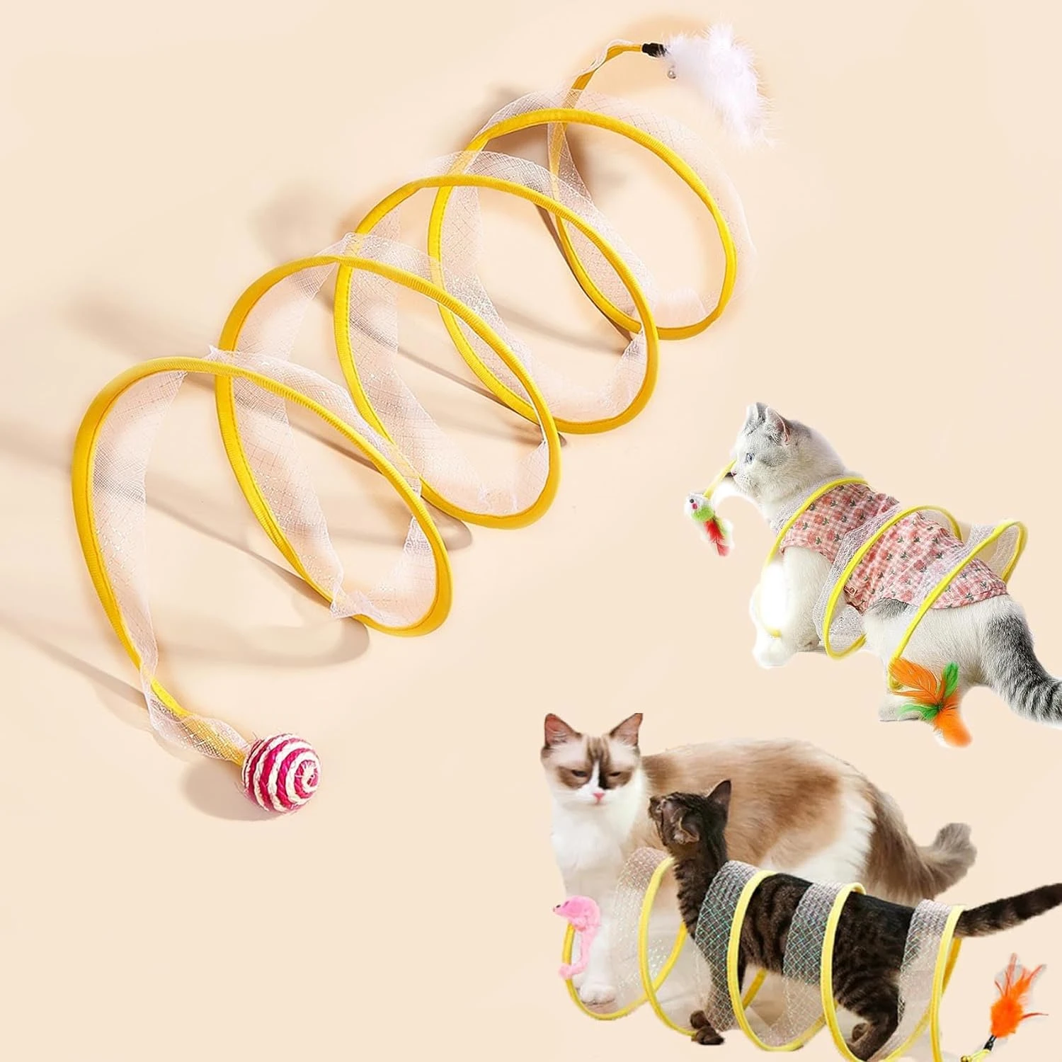

Spiral Cat Tunnel Toy, Gertar Cat Tunnel Toy, Cat Tunnels for Indoor Cats with Toys Feather Mouse, Collapsible Cat Tunnel Tube,