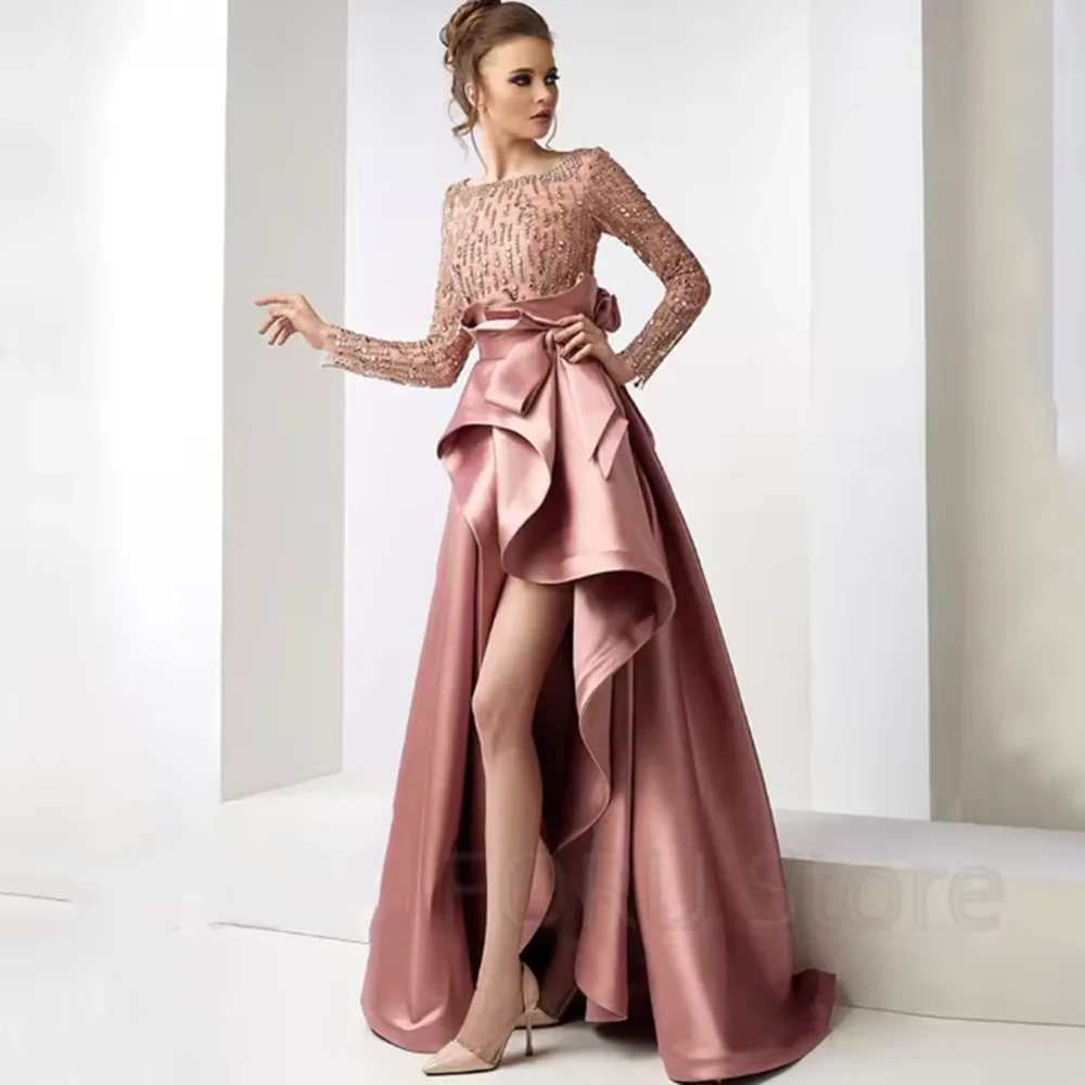 Irregular High/Low Evening Dress Scoop Neck Long Sleeves Tulle and Satin Women Floor Length Gowns for Party and Prom Custom Made