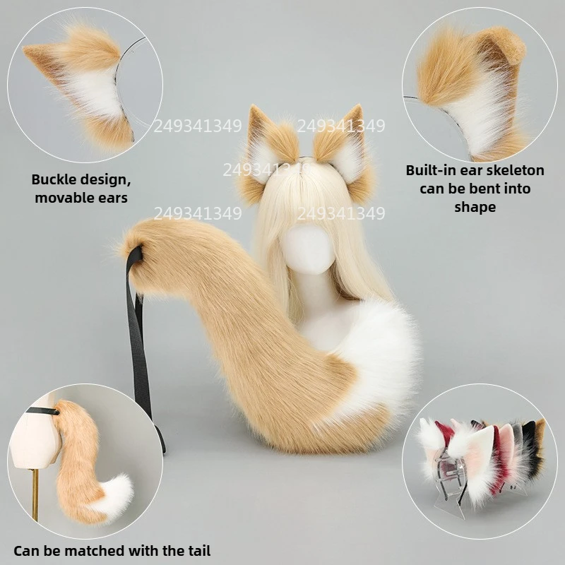 الوردي الأبيض الثعلب الأذن الذيل فروي تأثيري أغطية الرأس ذيل كبير أفخم كوميك كون الأداء الدعائم الحيوان زي حفلة الملحقات #4