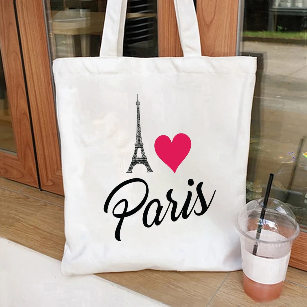 Paris Eiffel Tower Red Heart Letter Print Canvas Tote Bag Soft Handbag For Daily City Commute And Casual Errands Use