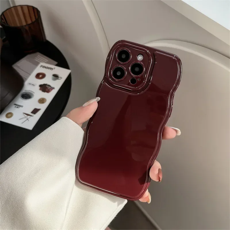 Korean Air Cushion Wave Gorgeous Wine Red Phone Case For iPhone 16 11 12 13 14 Plus 15 Pro Max Protection Shockproof Soft Cover