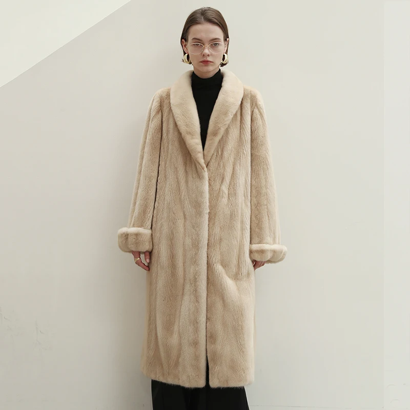 Ftangaiur Winter Import Velvet Mink Fur Coat Turn-Down Collar Sleeve Beige Mink Coat Women Medium Natural Real Mink Fur Coats