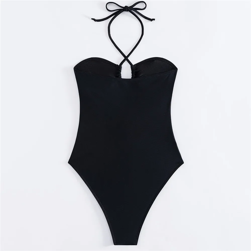 Sexy Zwarte String Halter Hollow Out Badmode Eendelig Badpak Vrouwen 2025, Uitgesneden Monokini Badpak Hoge Cut Zwemkleding