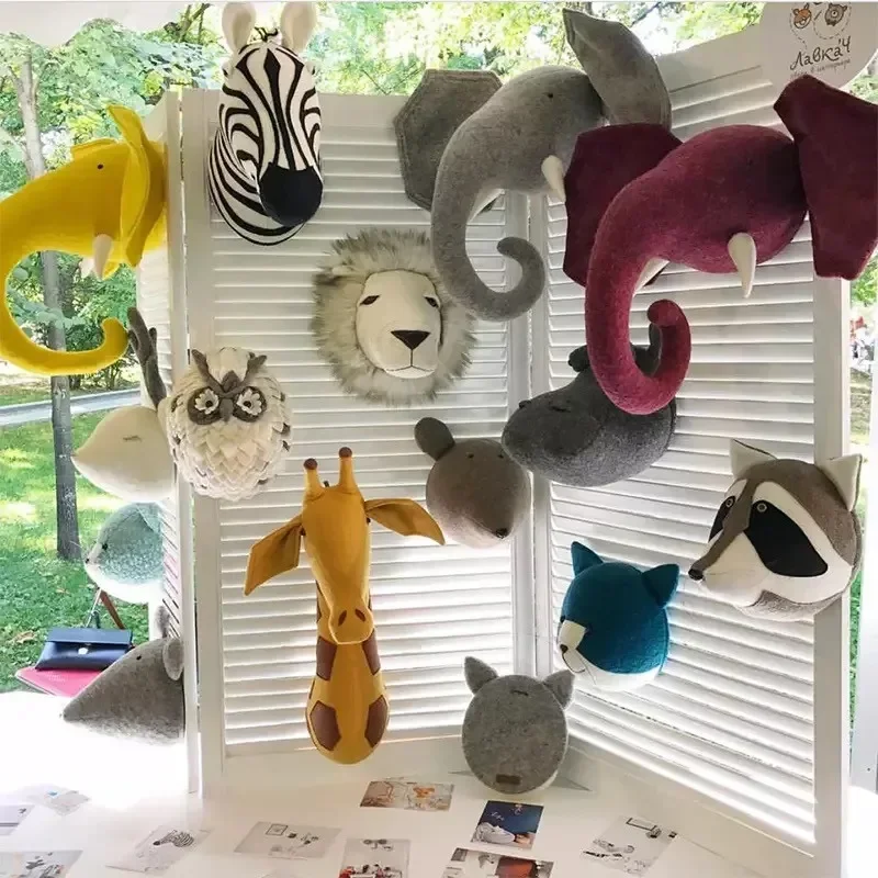 3D elephant giraffe animal head wall Hang decor Nordic wool felt children's room decoration home decor kindergarten decorations