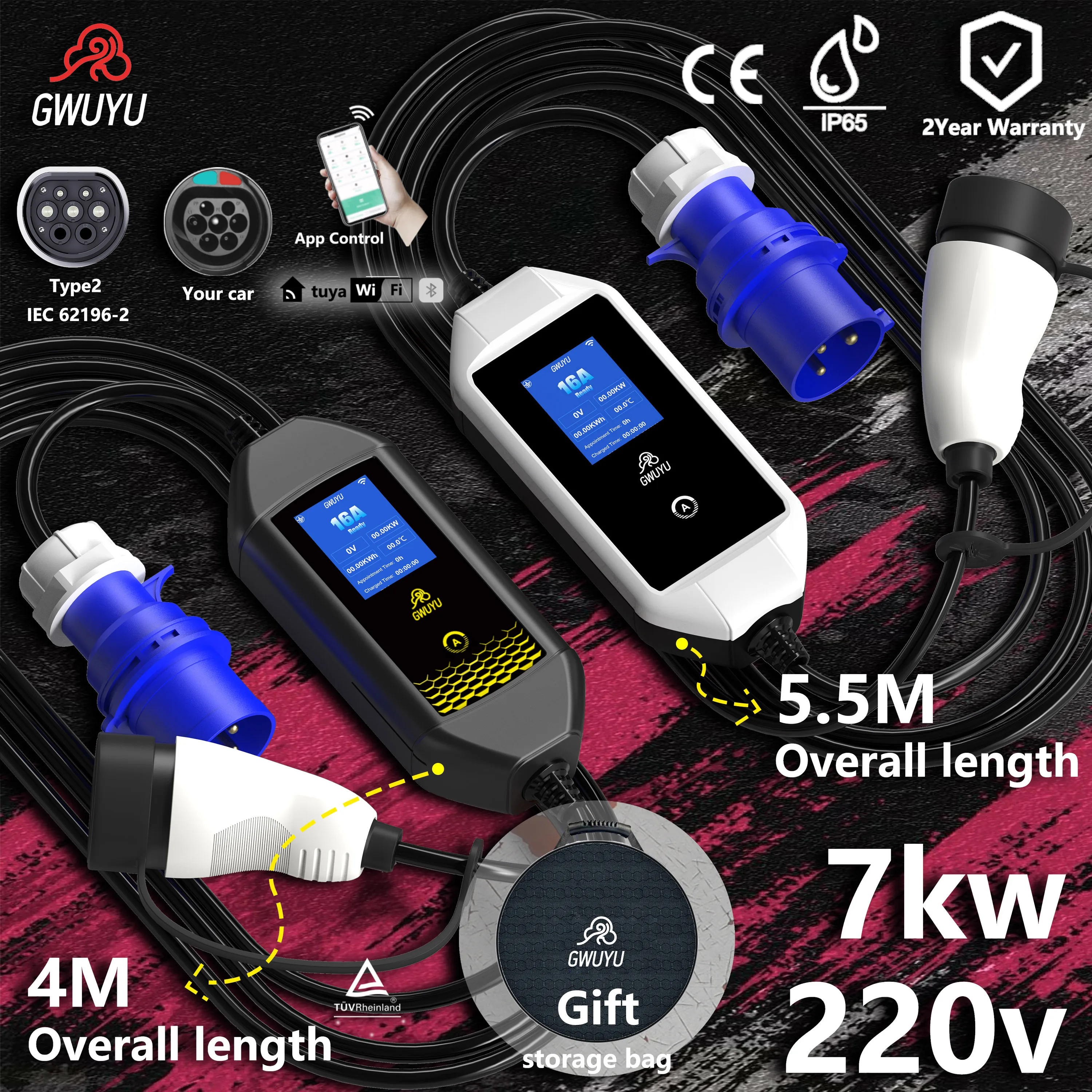 GWUYU 3,5 kW 7 kW 8 A bis 32 A tragbares EV-Ladegerät Typ2 IEC62196-2 Wallbox 4 Meter IP65 für BYD Tesla Kia Hyundai Nissan Dacia