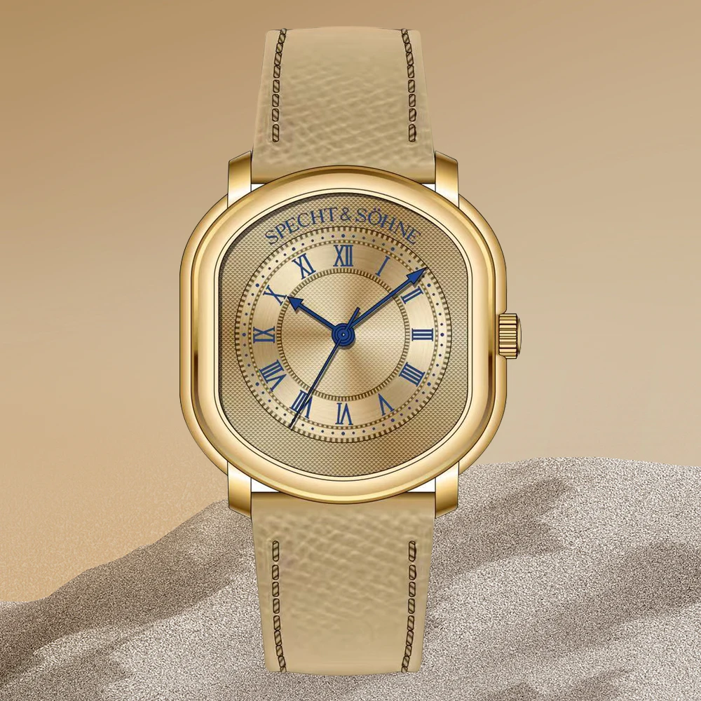 2025 New Fashion Specht & Söhne Vintage Men's Watch PVD Gold Stainless Steel Watch Genuine Leather Japan VH31 Movt Waterproof