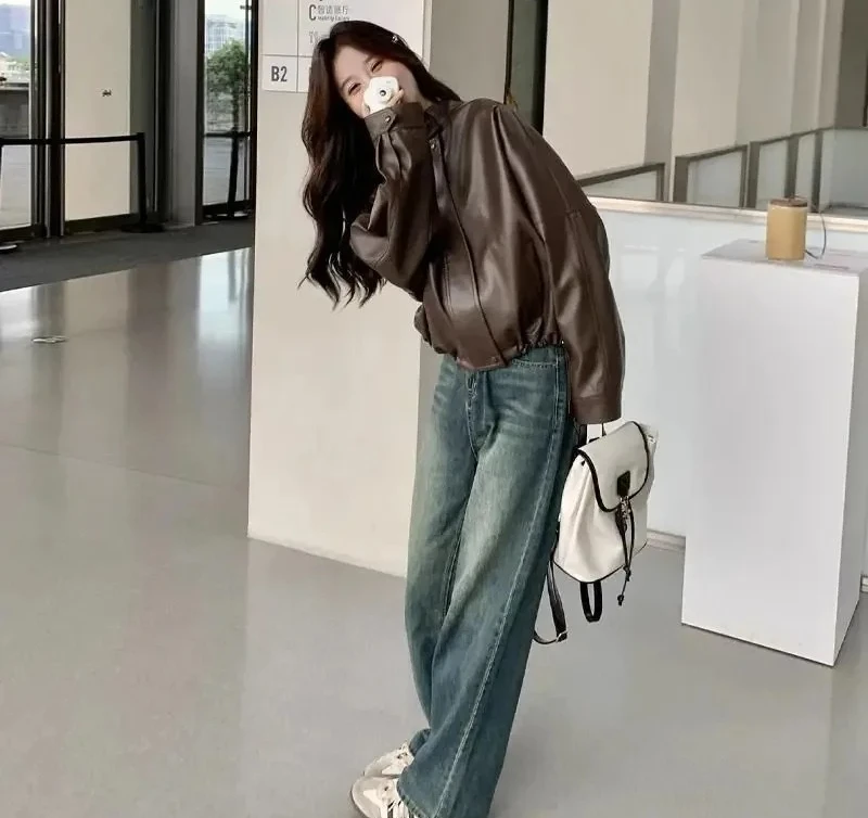 Jaqueta de couro curta marrom feminina estilo motocicleta hong kong tendência vintage americano popular casaco feminino