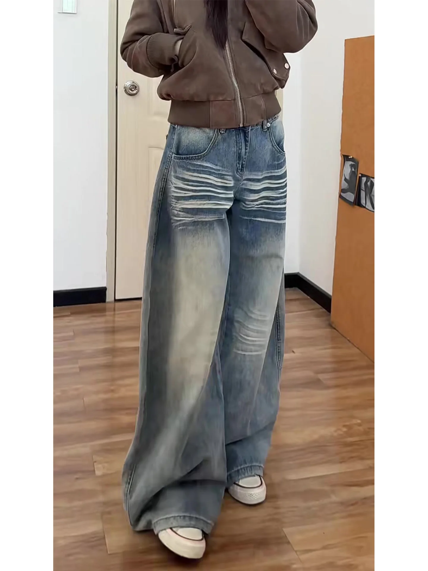 

High Waist Wide Leg Blue Jeans Women's Loose Fit Straight Cut Retro Washed Denim Pants Summer New Style Slimming BF Lazy Style