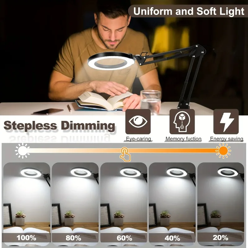 Dimmable 5 Color Modes 10X Magnifying Glass with Light 2 in 1 LED Magnifier with Stand Hands Free for Craft White