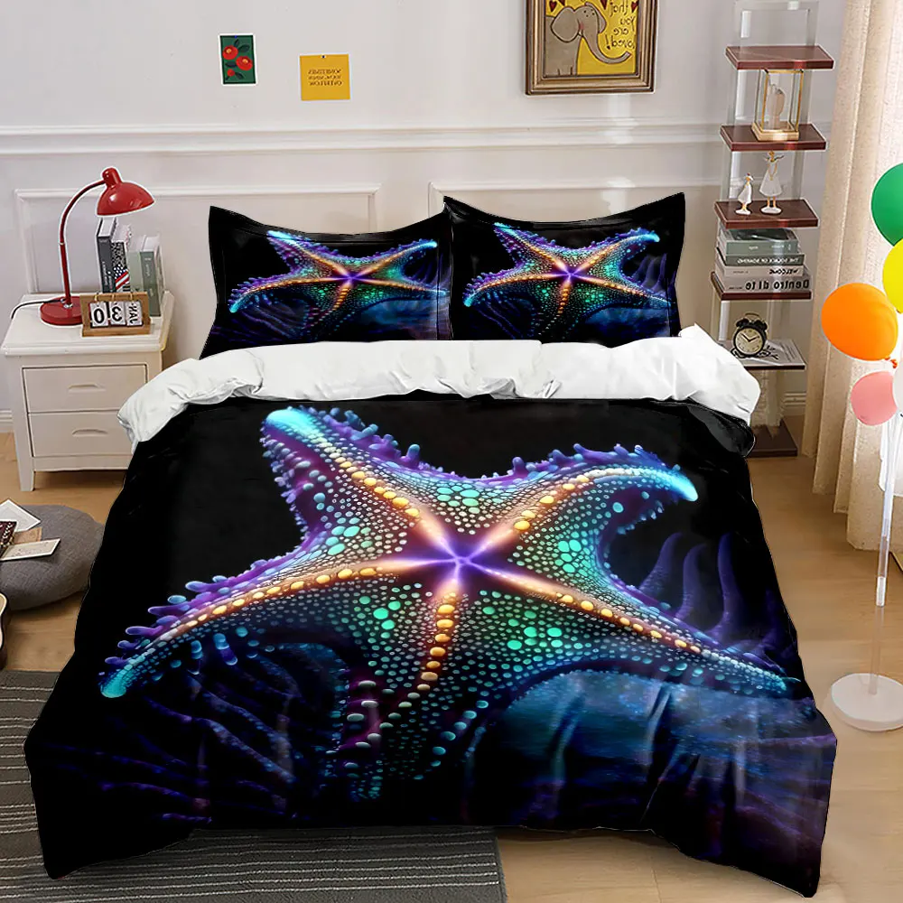 Colorful glowing starfish. Print Bedding Set 1 Duvet Cover 2 Pillowcases for Adult and Children Luxury Gift Full Size