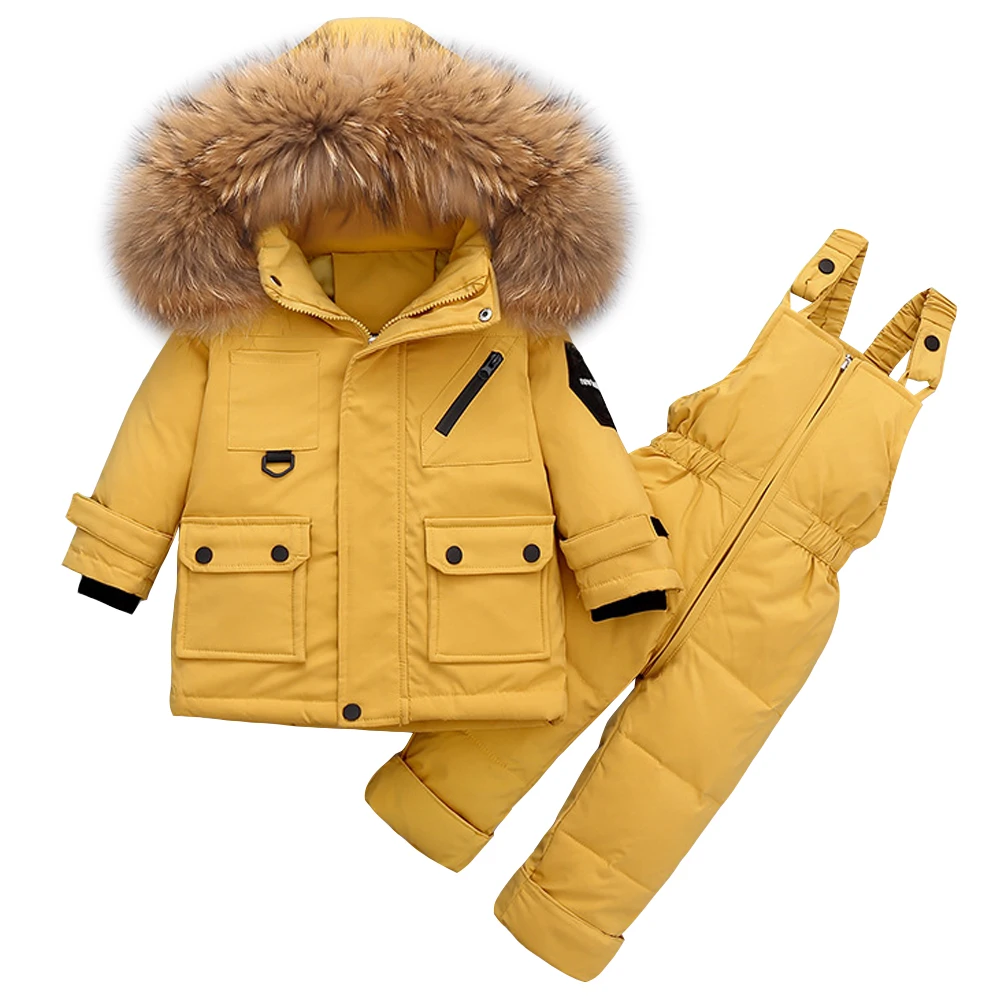 

Baby Girls Down Jumpsuits Fur Hooded Jacket Toddler Boys Snowsuit Winter Clothes Kids Snow Outfits with Bib Pants -30 Degree