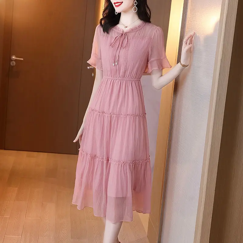 

Summer New Women's Dress with Waist Wrapped to Show Thin Temperament Chiffon Dress Fashionable Mom French Short Sleeve Skirt