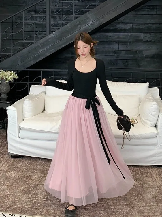 

Женское платье больших размеров с длинными рукавами и цветовыми блоками, с поясом на талии, юбка А-силуэта, осенняя новинка, модный стиль