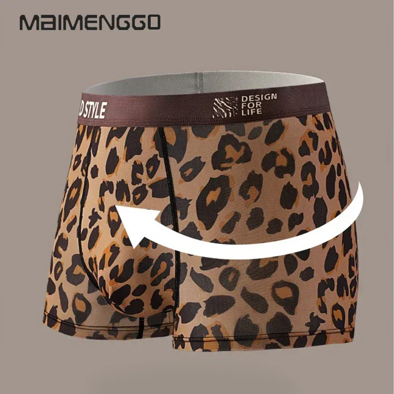 New Summer Men\'s Ice Silk Underwear Comfortable Mid Waist Antibacterial Fashion Leopard Pattern Men\'s Flat Corner Pants Factory