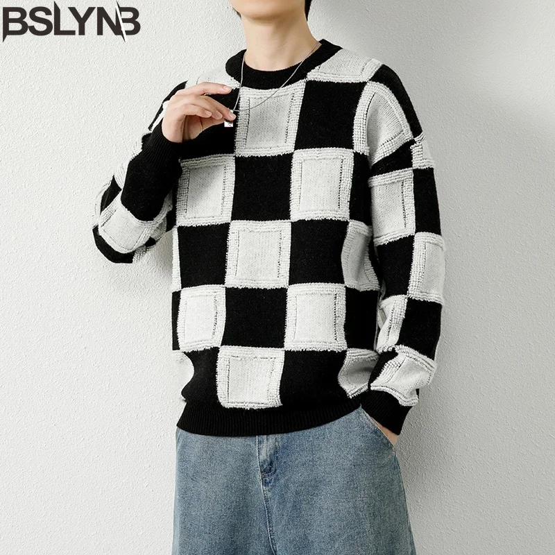 

New Men's Plaid Sweater Thick Warm Pullover Spliced Knitted Jumper Patchwork Sweaters Male Fahison Winter Streetwear