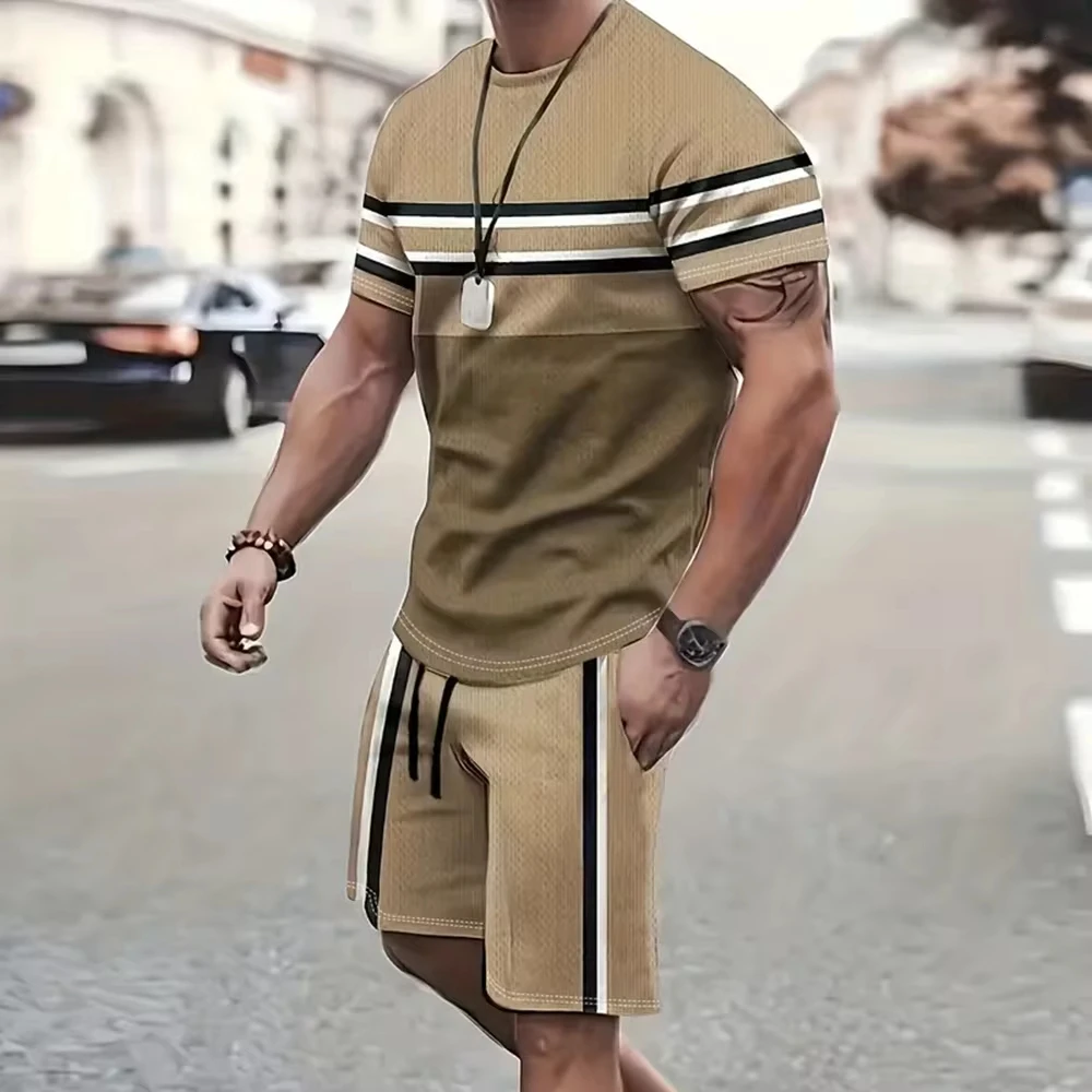 2 Piece Suits Men\'s Casual Pattern Printed Short Sleeve T Shirt And Track Shorts Set Holiday Lounge Beach Sports Suit Fitness