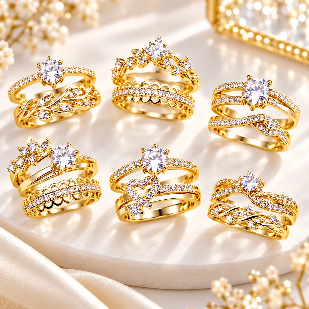 20Sets Gold Plated Ring Set for Women Crystal Crown Heart Stackable Rings Boho Wedding Party Jewelry Gift Wholesale Lot