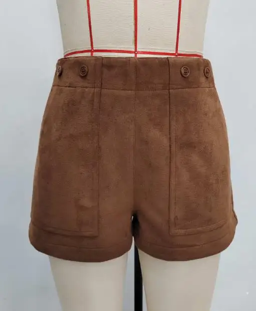 Pantaloncini in pelle scamosciata a tubo dritto con decorazione a bottoni in tinta unita a vita alta autunnale per pantaloncini stile casual britannico da donna