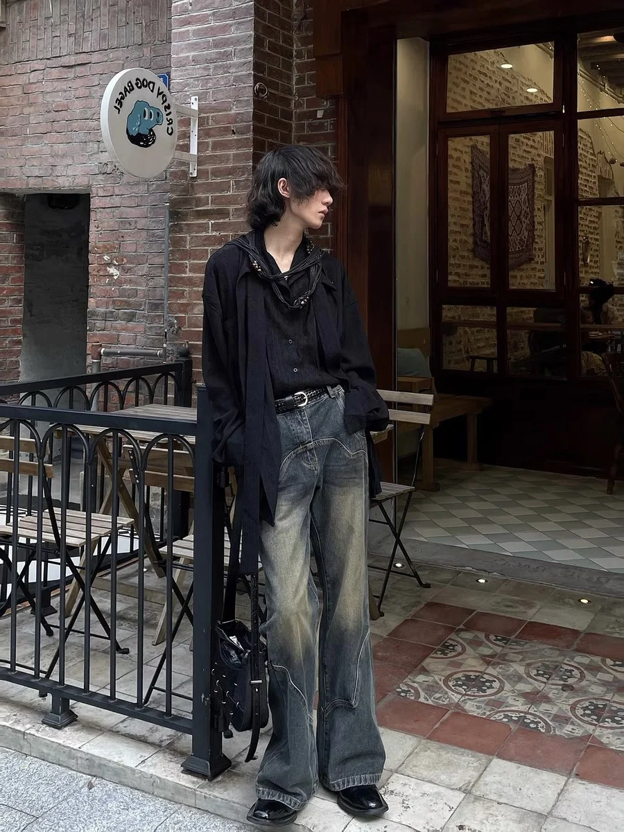 Retro American Classic Waed out Jeans Men Women Micro Flared Long Trousers Splicing Design Nostaic Vintage Sle Jeans