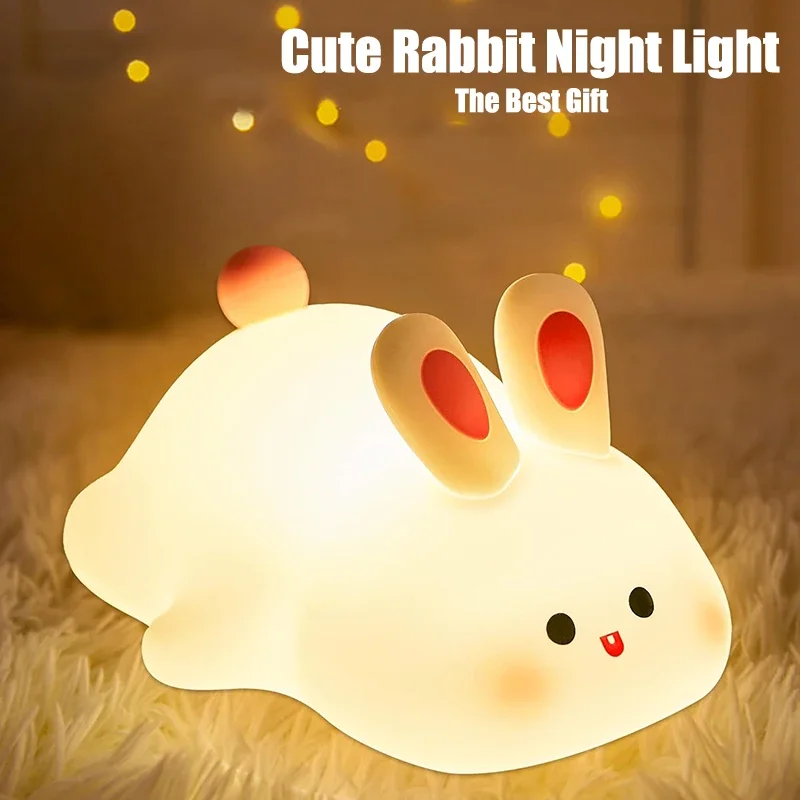 

D2 Cute Rabbit Night Light Silicone Nursery Sleeping Lamp USB Rechargeable Touch Switch Control Table Led Child Girlfriend Gift