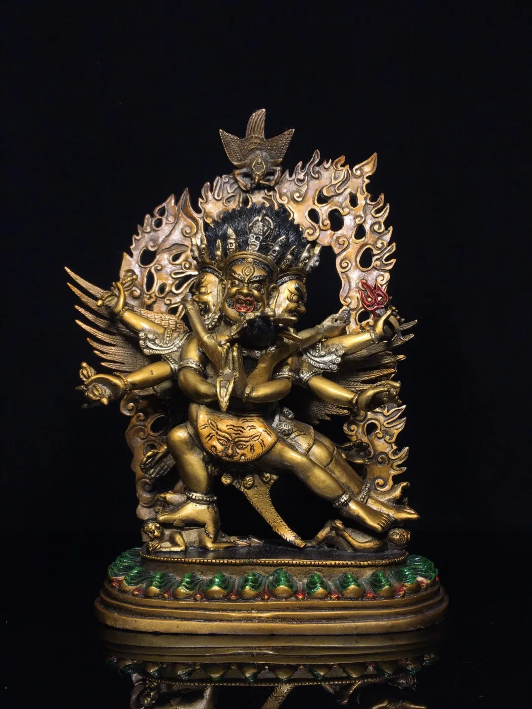 Nepalese Tibetan old brass gilt painted King Kong backlight six-armed God of Wealth ornaments home Buddhist hall supplies 30cm