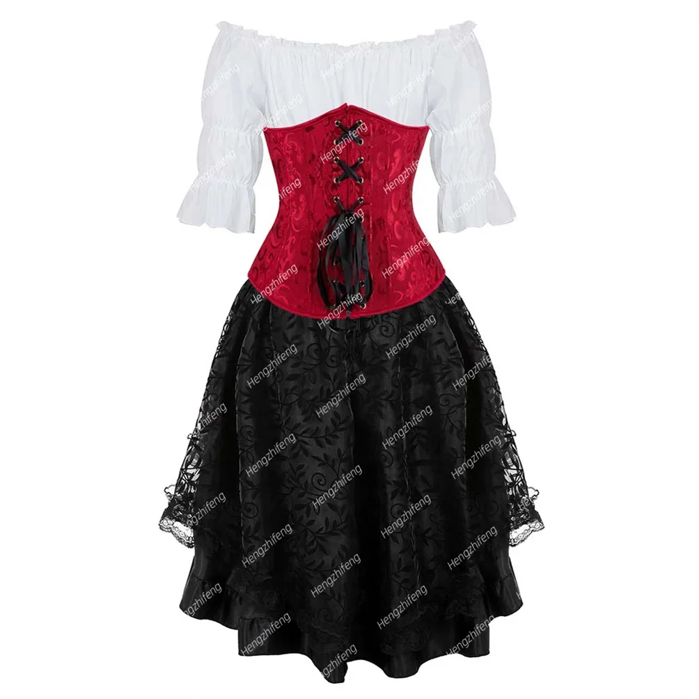 مشد للفستان وبلوزة 3 قطعة مجموعة خمر سخرية بوستير Underbust حجم كبير أزياء حفلات التخرج ملابس القرون الوسطى #3