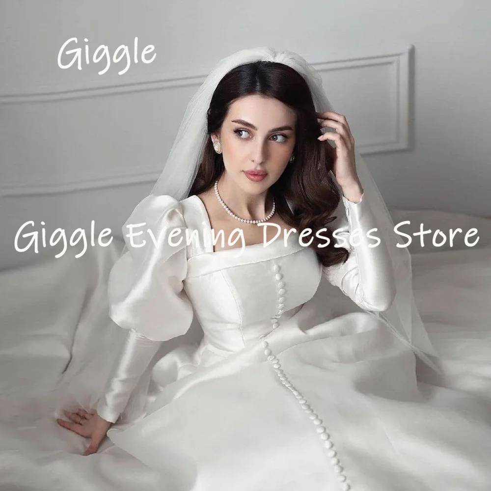 Giggle Princess Square Collar Satin Long Sleeves Sweep Train Winter Wedding Dresses with Button vestidos de novia Zipper Up