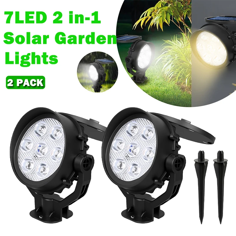 

2 шт., 7 светодиодных солнечных точечных светильников IP65, водонепроницаемый уличный солнечный пейзажный настенный светильник, регулируемая яркость для садового двора, пальм