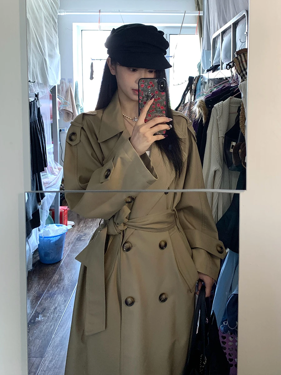 

Женское двубортное пальто цвета хаки, весна 2026, приталенное, с утяжкой на талии, в корейском стиле, для повседневной носки, с длинными рукавами