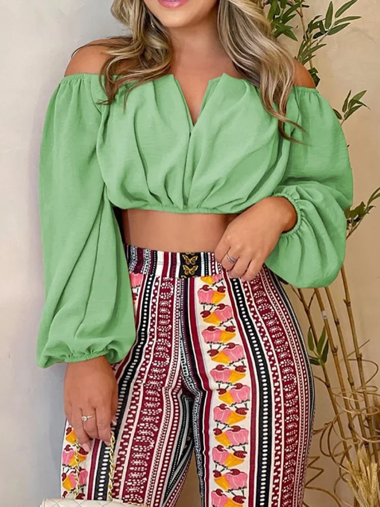 2024 summer Off Shoulder Ruched Top & Tribal Print Pants Set