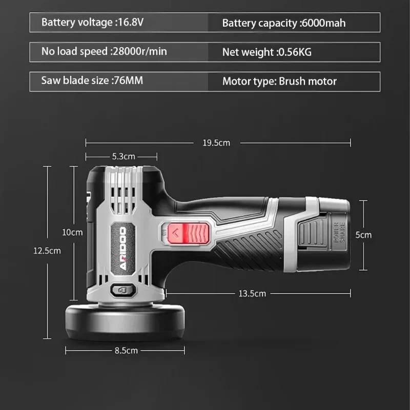 16.8V Brushed Angle Grinder Portable Lithium Battery Large Capacity Polishing Grinding Cutting Machine Household Power Tool