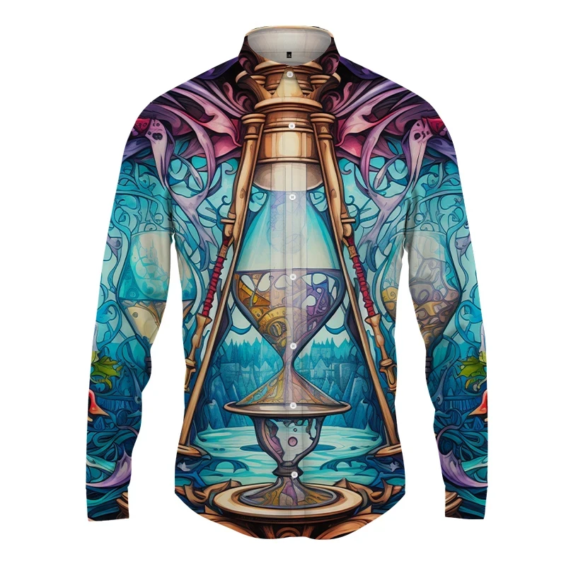 2024 Men's Long Sleeve Fashion Casual Hourglass Shirt New 3d Color Printed Figure Shirt Street Abstract Top Custom Men's Shirt