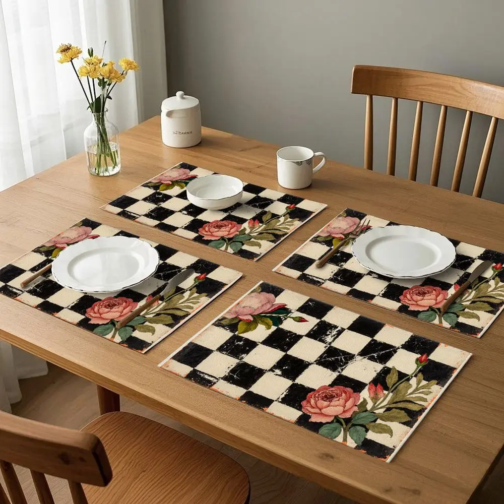1 pc Home Placemats, Vintage Black White Checkered Floral, Linen Table Mats, Washable Kitchen Dining Decor, Restaurant Bowl Mats