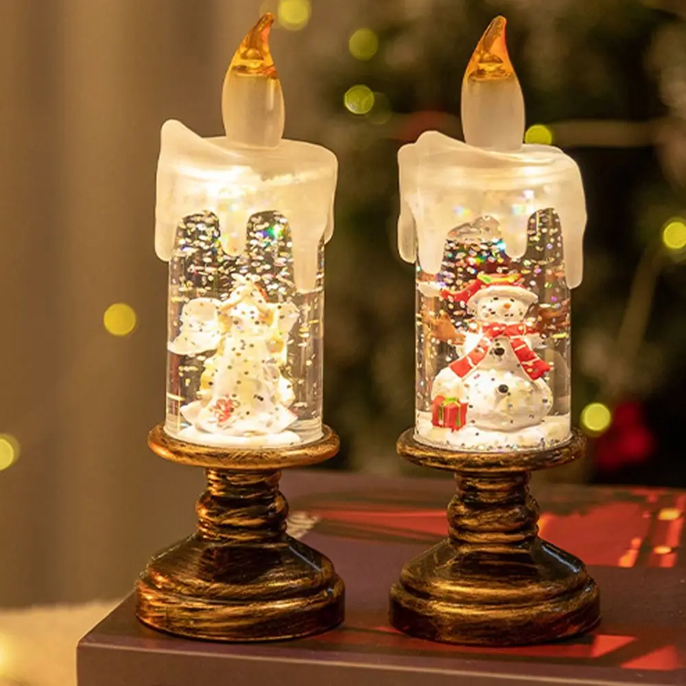 Velas LED luminosas de Navidad, luces con purpurina, árbol de Navidad, linterna de viento, vela eléctrica, Papá Noel, muñeco de nieve, luz nocturna Vintage