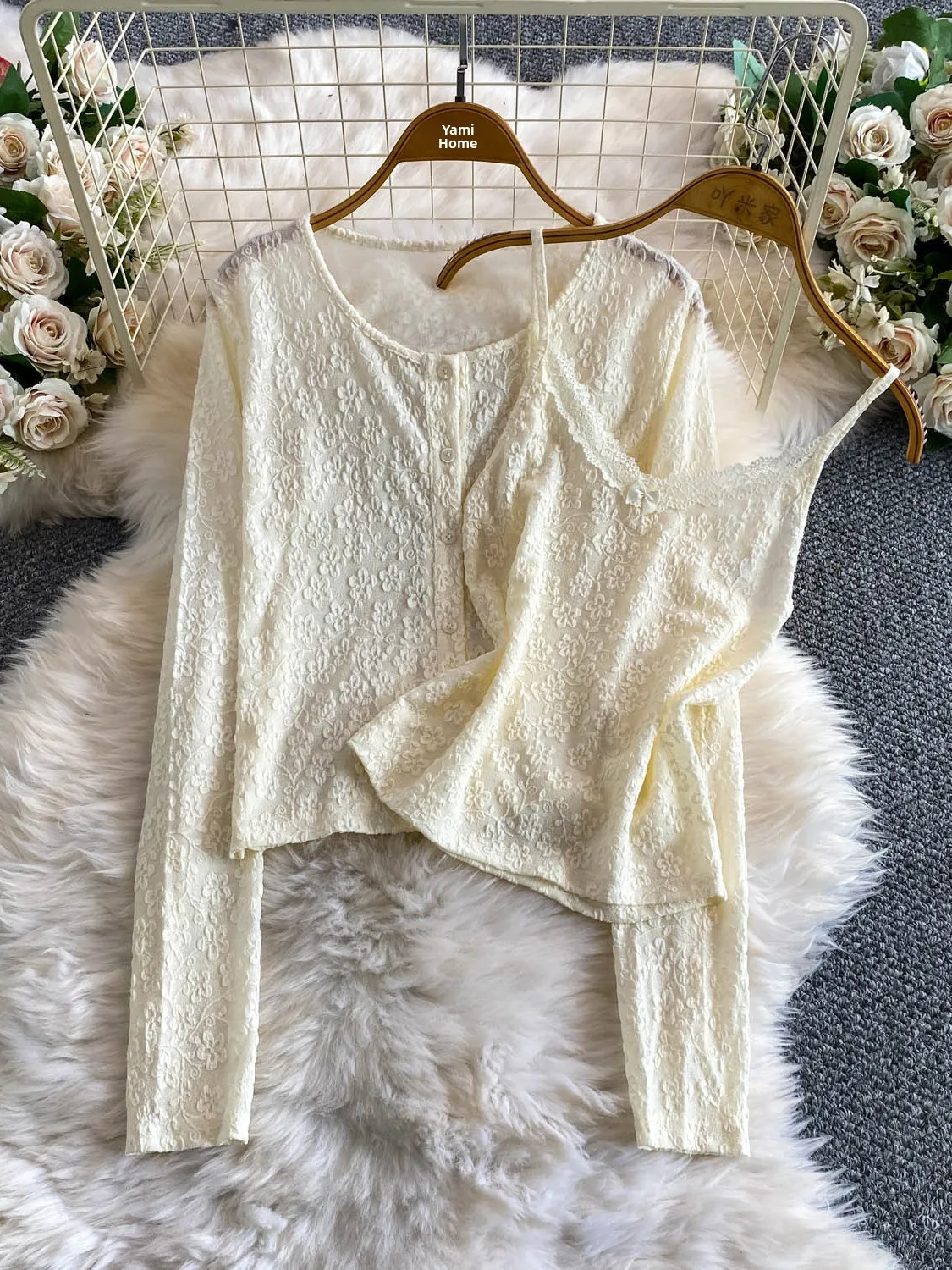 Retro Unique Texture Lace V-neck Strapless Slimming Loose Cardigan Outerwear Fashionable Versatile Commute Ready