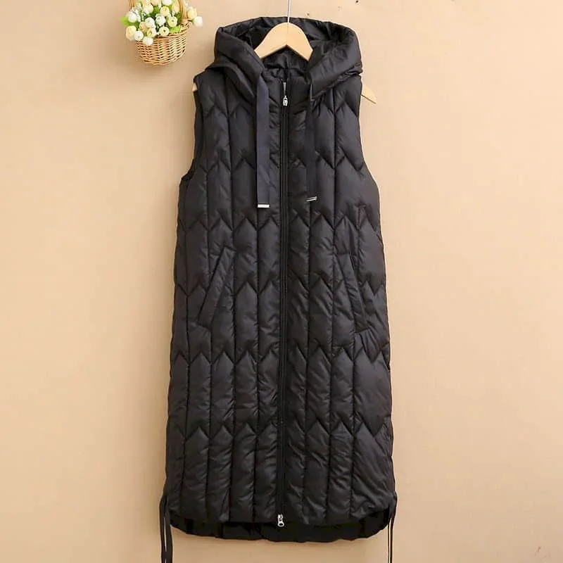 Waistcoats for Women Solid Hooded Casual Vests Sleeveless Cardigans Cotton-added Vintage Oversized Mid Length Jackets Women Tops