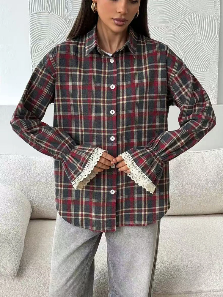 

Vintage Women Plaid Long Sleeve T-Shirt 2026 Spring Autumn Loose Blouses Single-breasted Shirts Streetwear Casual Shirt Top