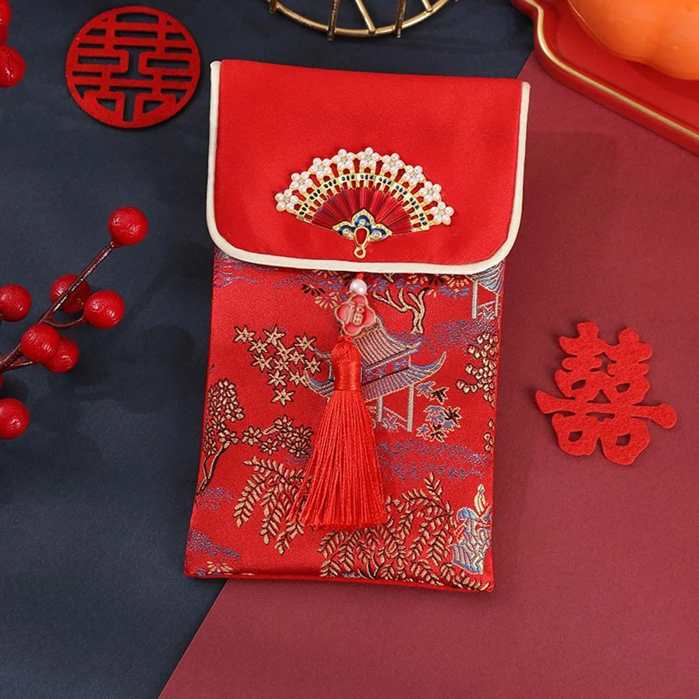 

New Year Blessing Words Brocade Red Envelope Spring Festival Embroidery 2025 Money Pocket Best Wishes HongBao New Year Money Bag