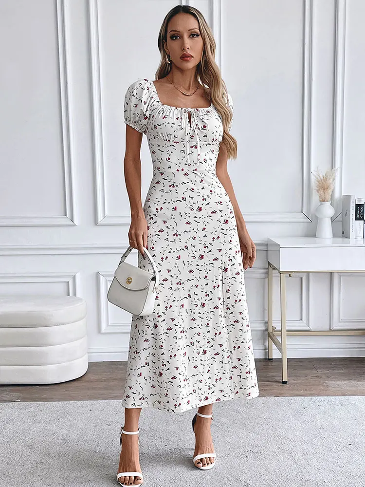 Summer Women's Dresses New Fashion Print Short Sleeve Split Casual Slim Dress Club Party Elegant Lady Hollow Out Dress Clothing