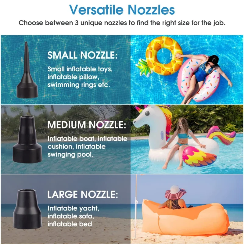 Electric Air Pump Battery Powered Pump for Airbed Camping Inflatables Paddling Pool Beach Toys Air Mattress with 3 Air Nozzles