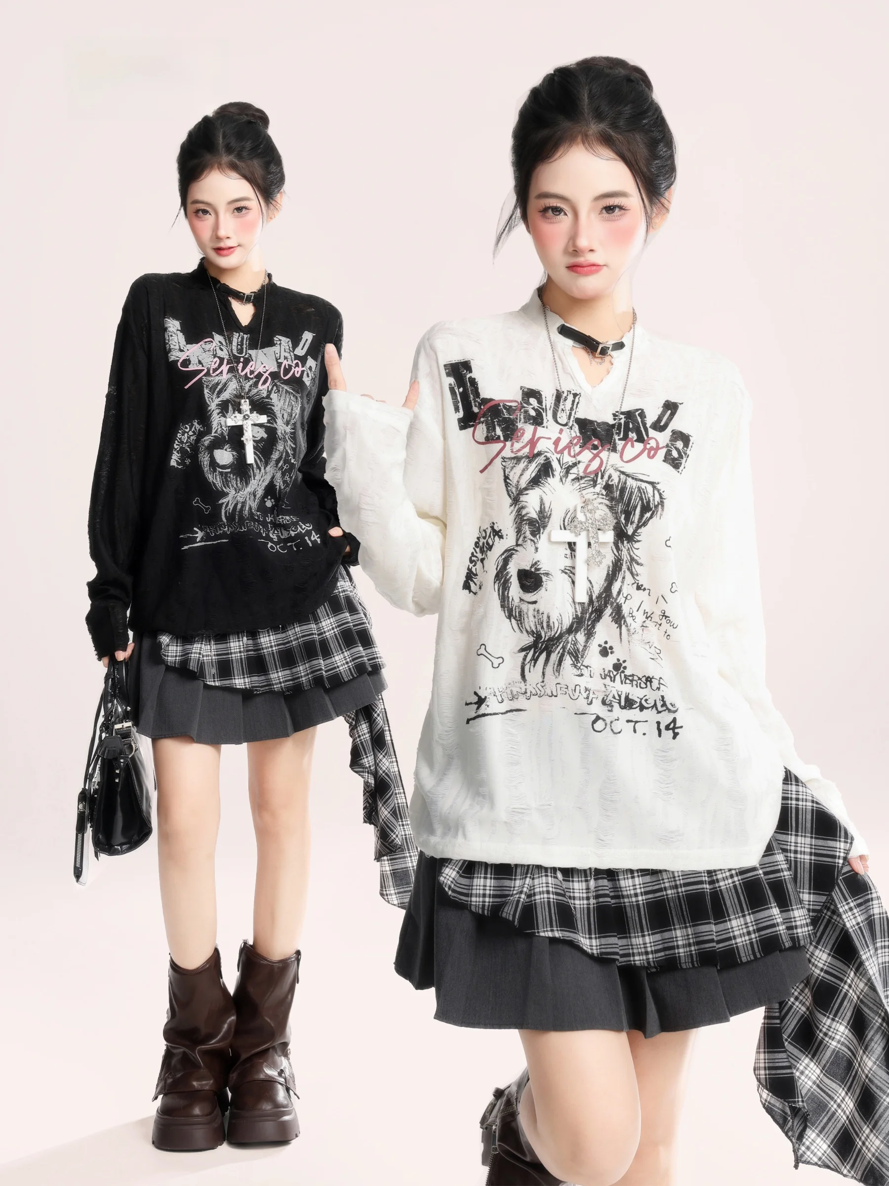 

Женская свободная повседневная футболка HM American Retro Dog fiti с принтом и длинными рукавами, модный весенний топ для женщин