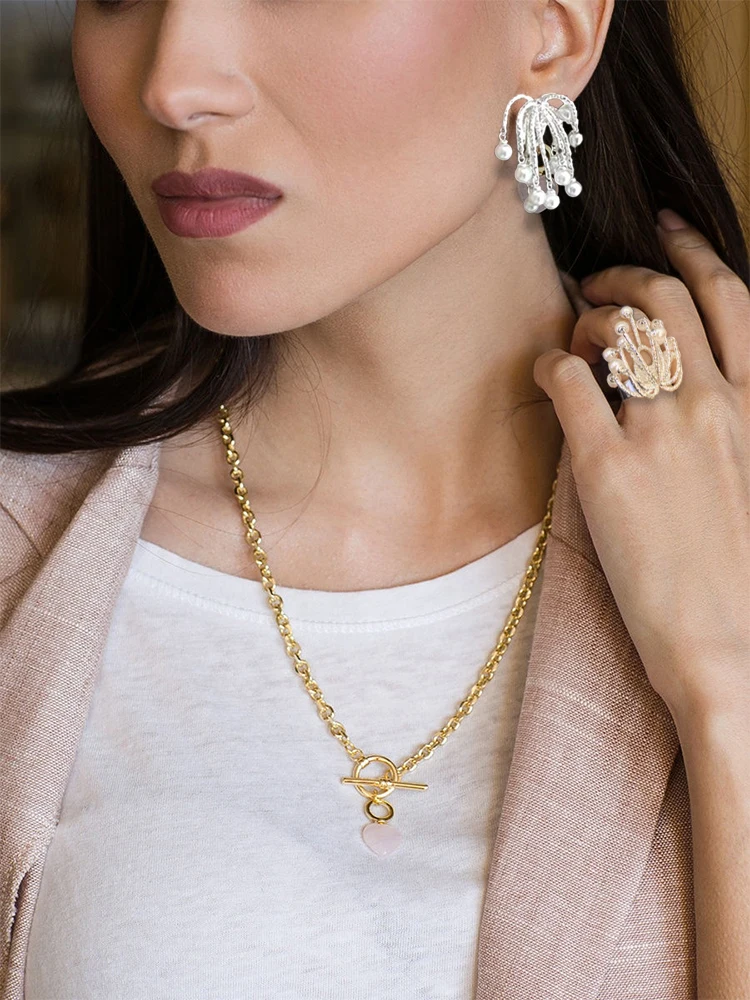 

French Retro Fashion High-end Pearl Tassel Bead Earrings Ring