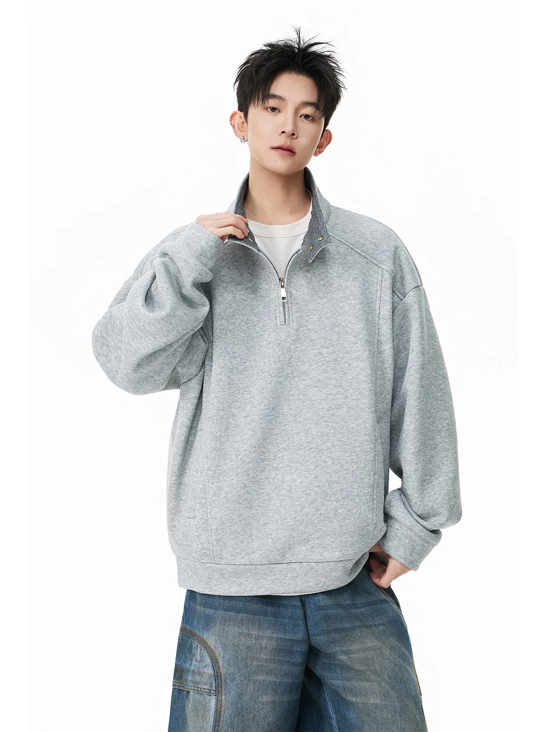 

American Sle Zipper Splice Stand Collar Sweatirt Men's Casual Inner Wear Base irt Design Sensible oulder Top